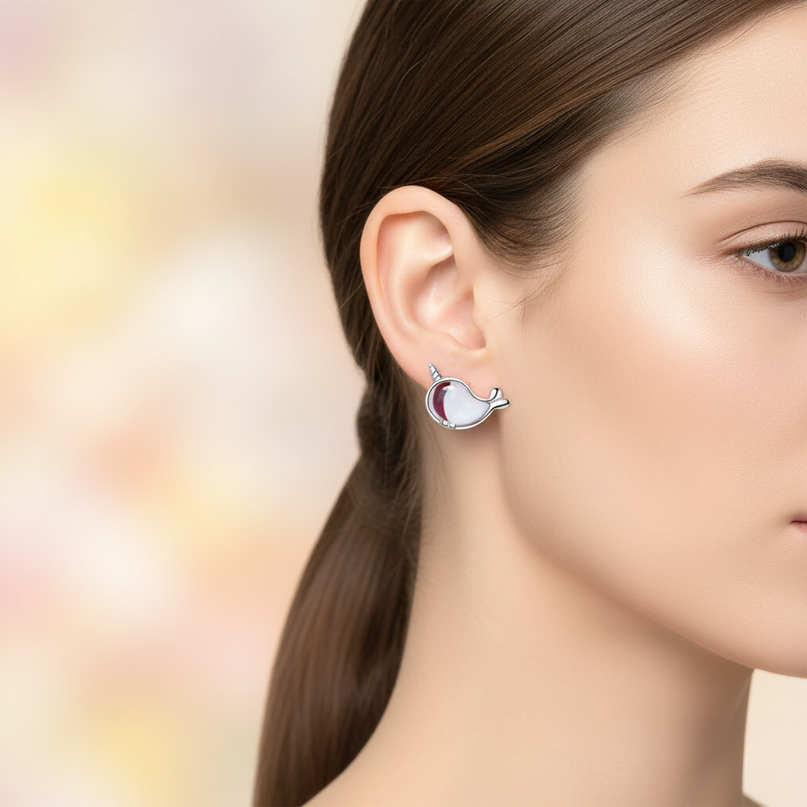 unicorn whale earrings - in-use
