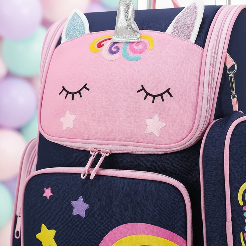 unicorn wheeled backpack blue - detail