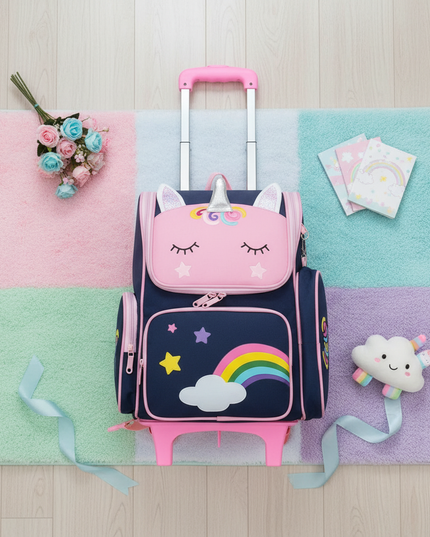 unicorn wheeled backpack blue - flat-lay