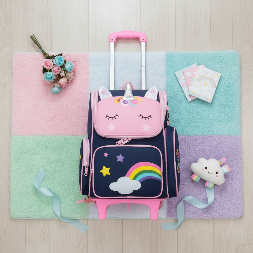 unicorn wheeled backpack blue - flat-lay