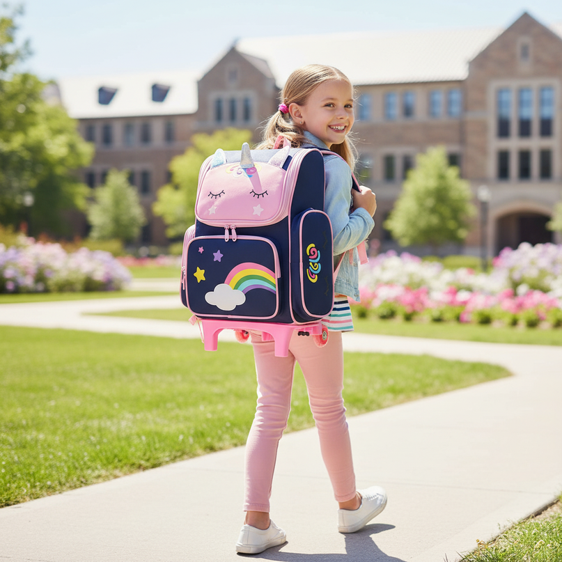 unicorn wheeled backpack blue - in-use
