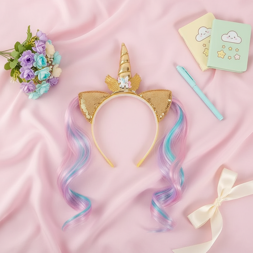 unicorn wig headband - flat-lay