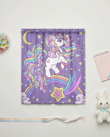 unicorn window curtains - flat-lay