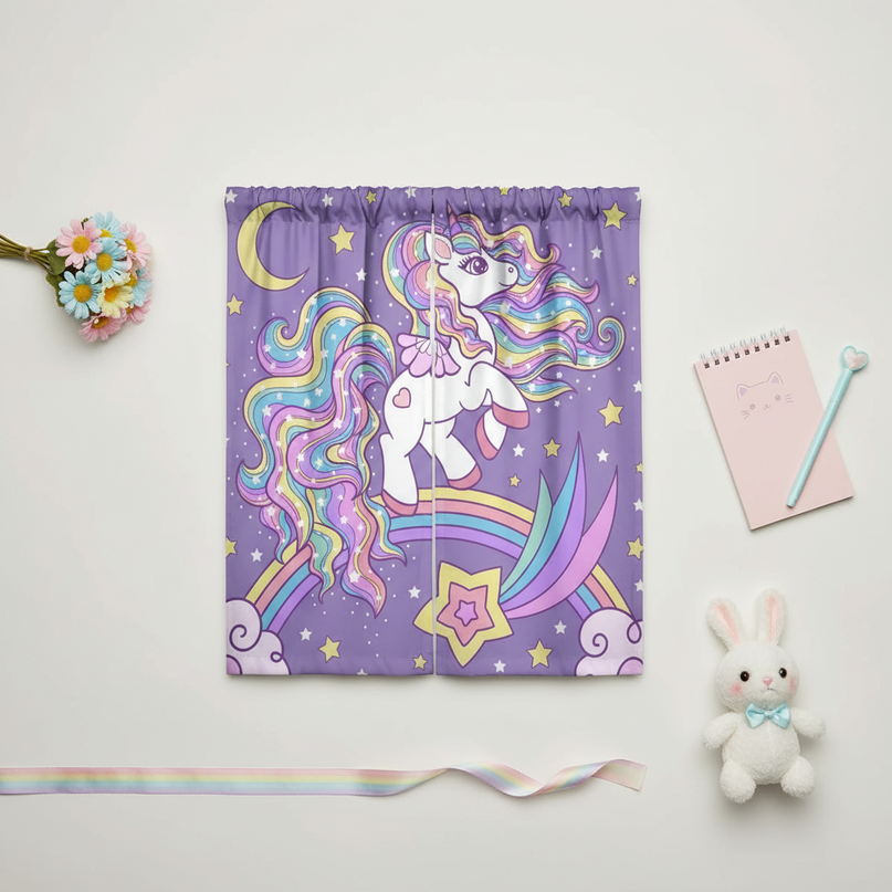 unicorn window curtains - flat-lay