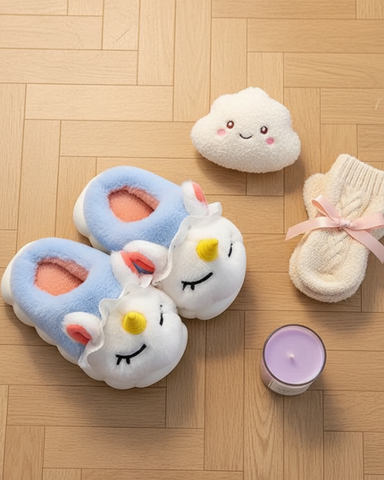unicorn winter slippers - flat-lay