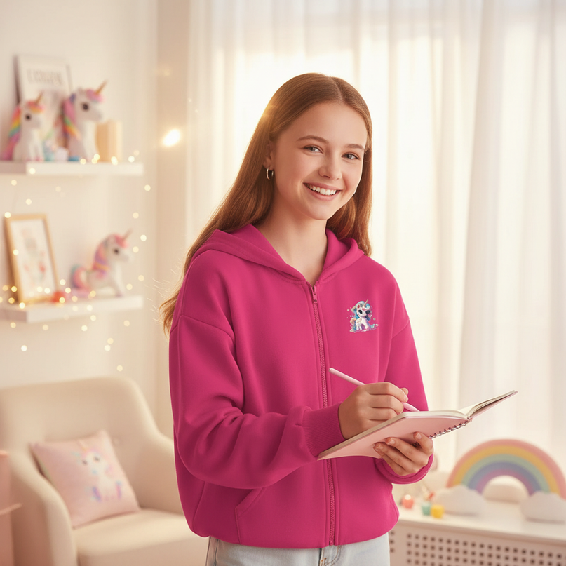 unicorn zip hoodie girls - in-use