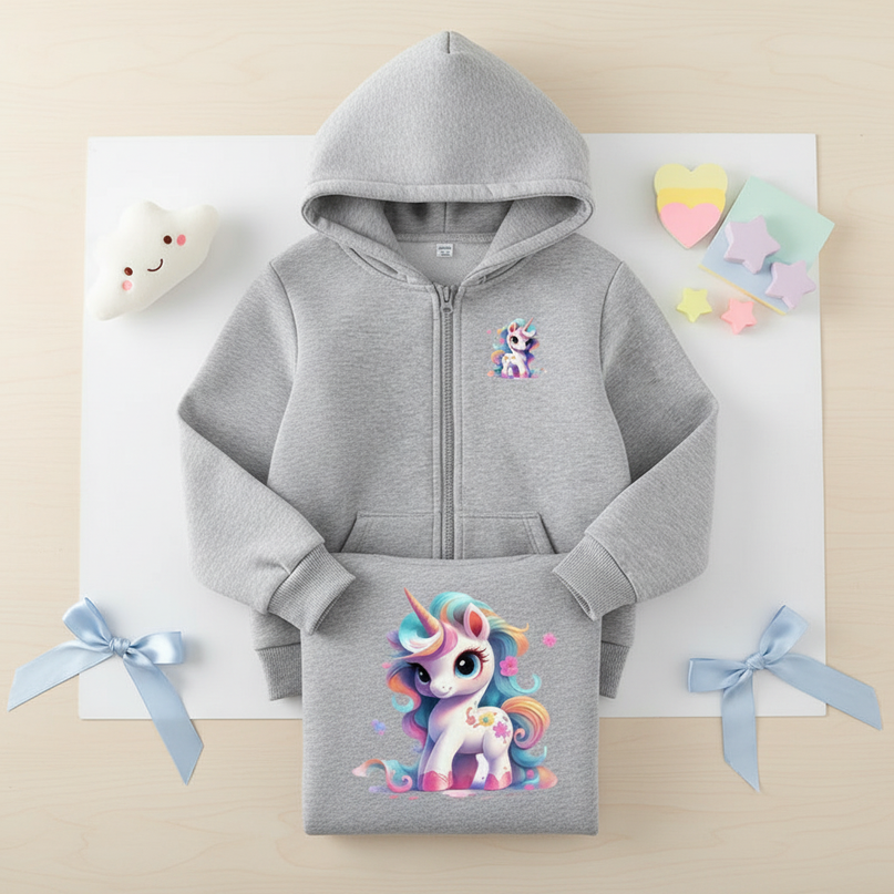 unicorn zip hoodie kids - flat-lay