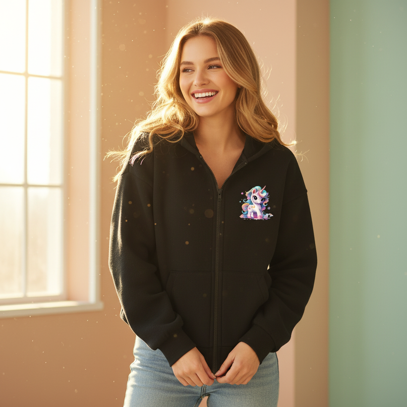 unicorn zip up hoodie - in-use