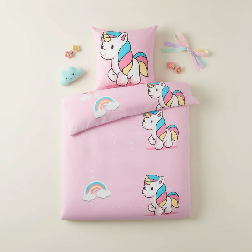 unicorns rainbows bedding - flat-lay
