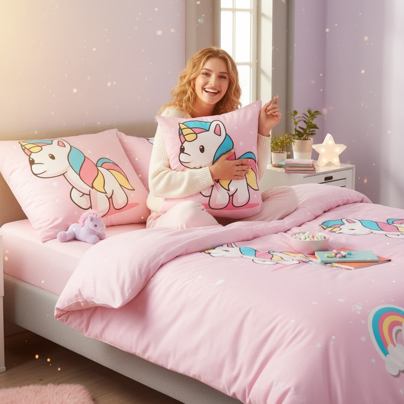 unicorns rainbows bedding - in-use