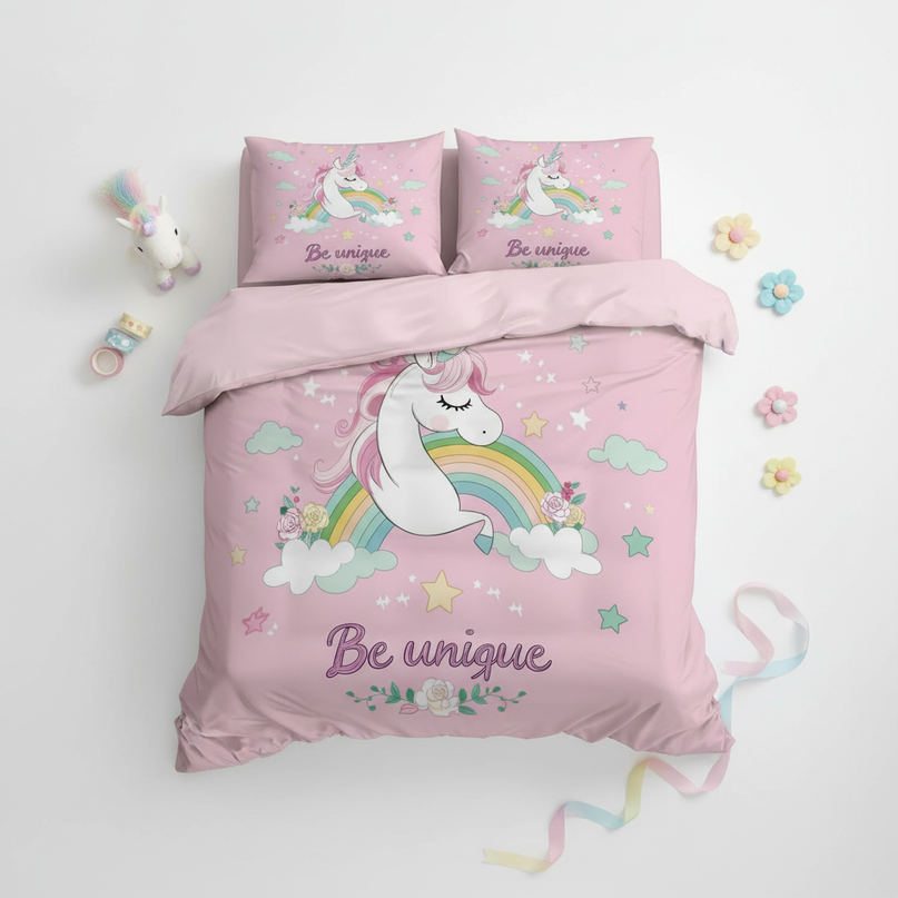 unique rainbow cloud unicorn bedding - flat-lay
