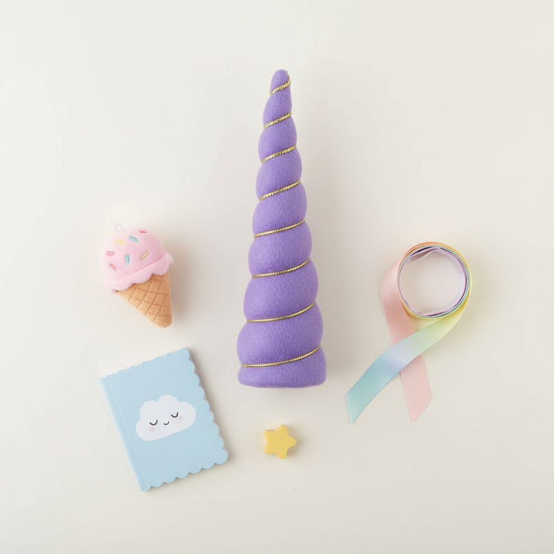violet unicorn horn - flat-lay