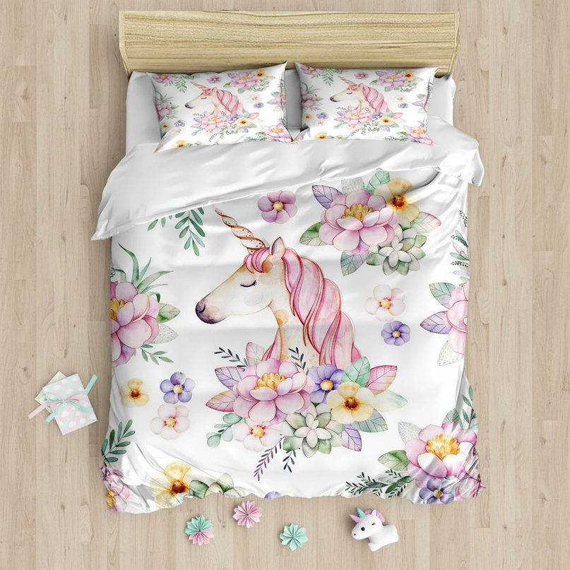 watercolor floral unicorn bedding - flat-lay