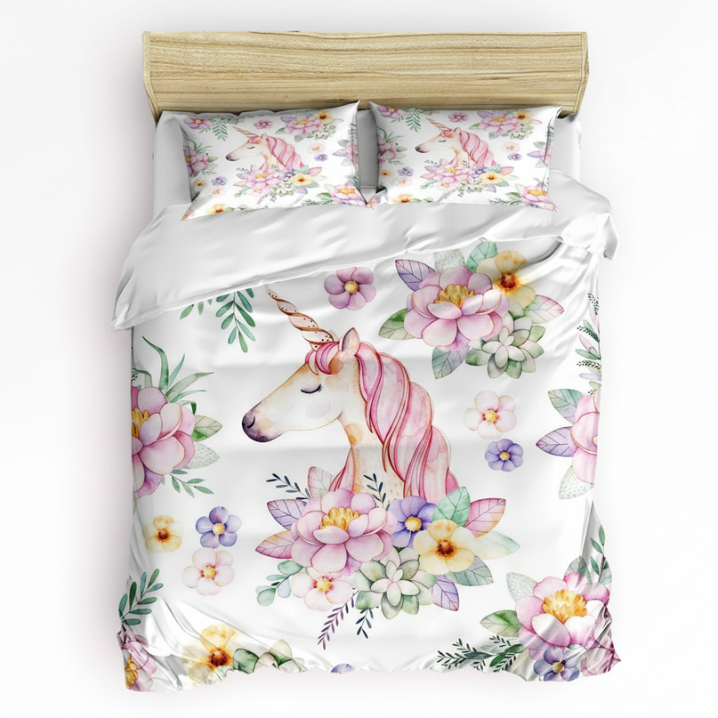 watercolor floral unicorn bedding - white-bg