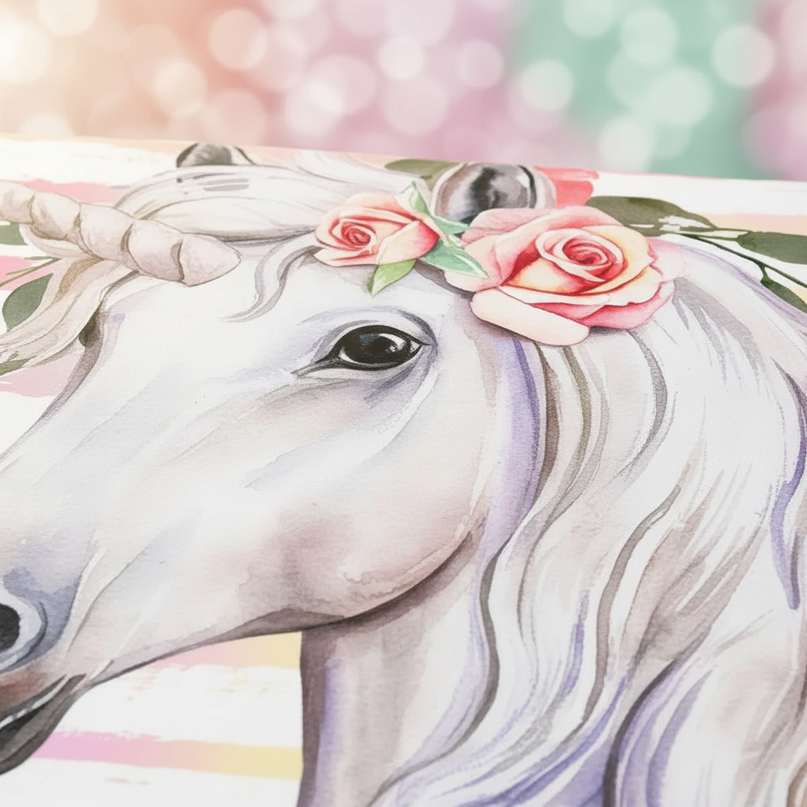 watercolor rose wreath unicorn bedding - detail
