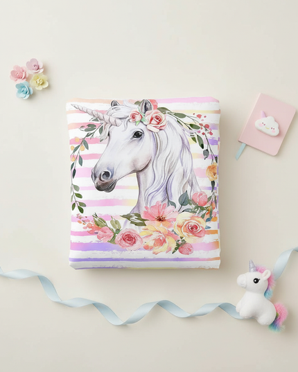 watercolor rose wreath unicorn bedding - flat-lay