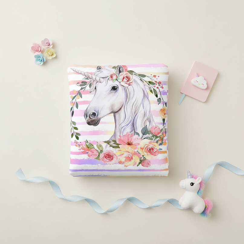 watercolor rose wreath unicorn bedding - flat-lay