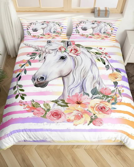 watercolor rose wreath unicorn bedding - lifestyle