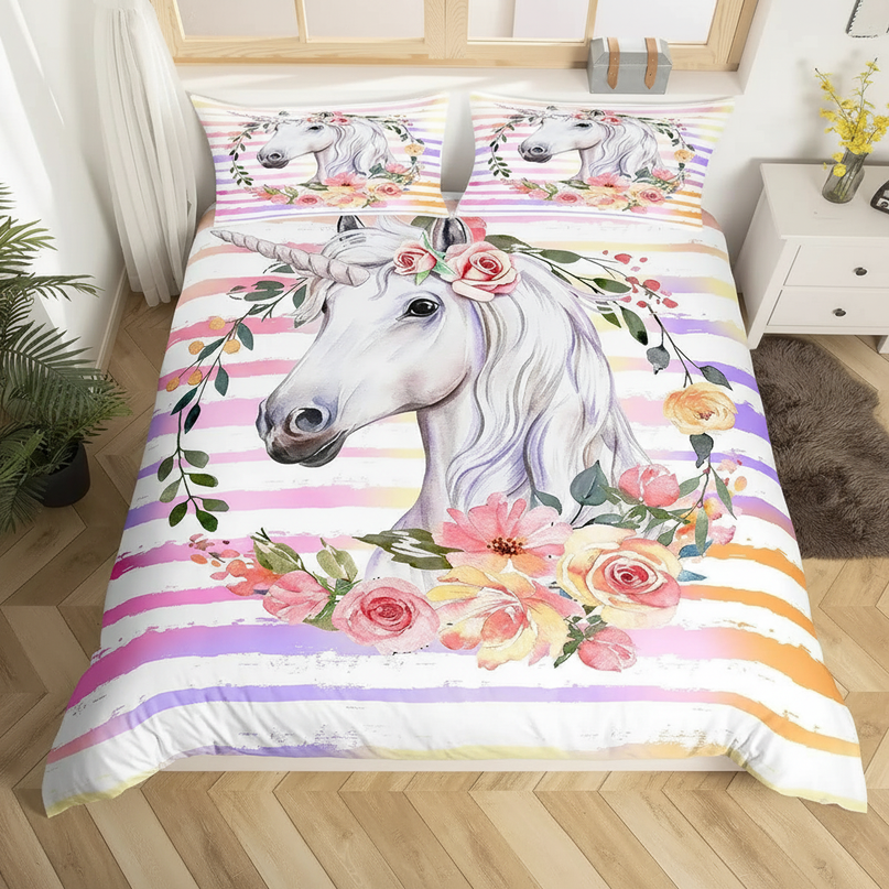 watercolor rose wreath unicorn bedding - lifestyle