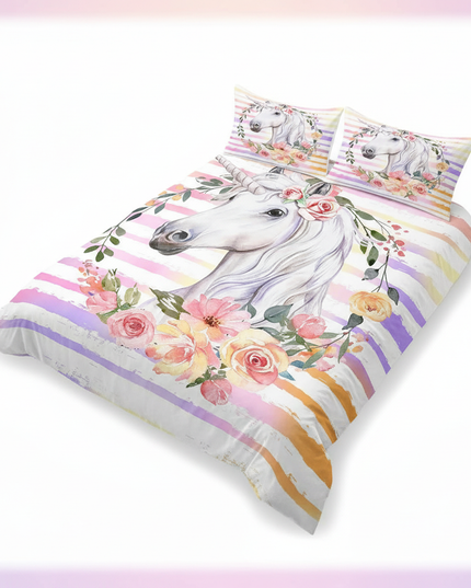 watercolor rose wreath unicorn bedding - white-bg