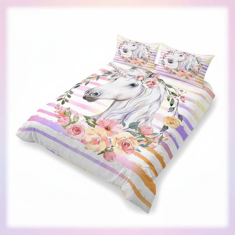 watercolor rose wreath unicorn bedding - white-bg