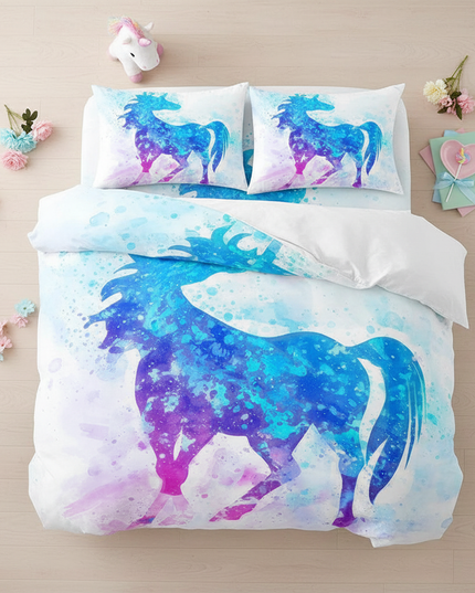 watercolor splash unicorn bedding - flat-lay
