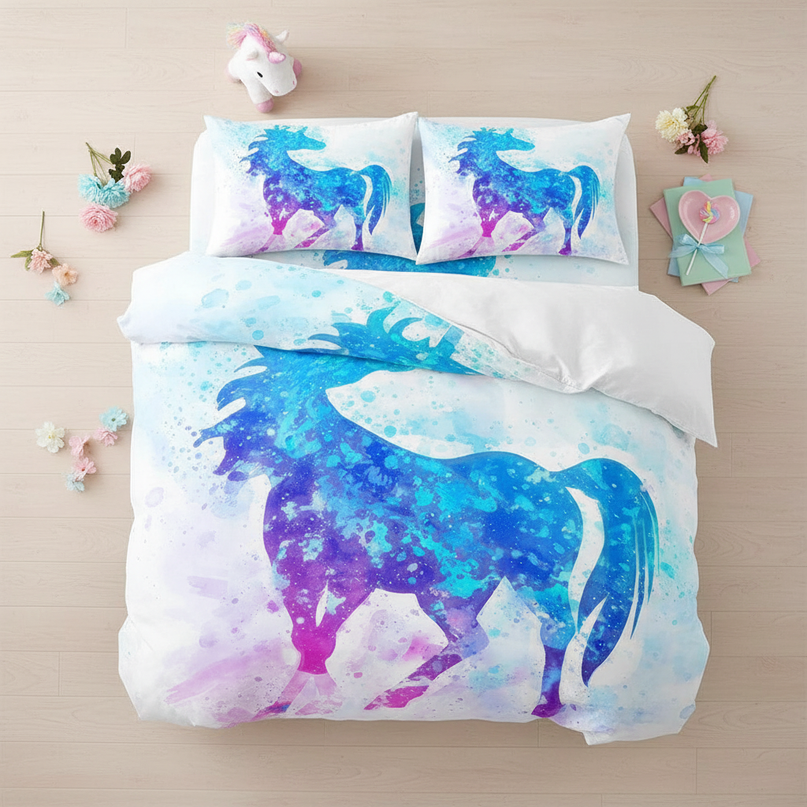 watercolor splash unicorn bedding - flat-lay