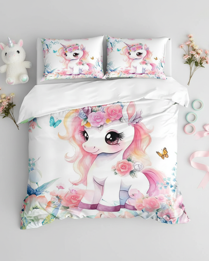 watercolor unicorn bedding - flat-lay
