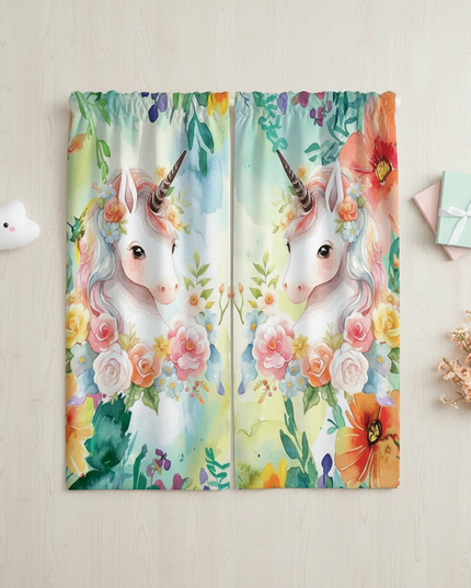 watercolor unicorn curtains - flat-lay