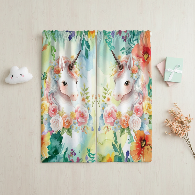 watercolor unicorn curtains - flat-lay
