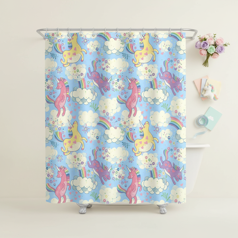 watercolor unicorn shower curtain - flat-lay