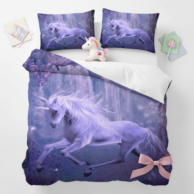 waterfall unicorn bedding - flat-lay