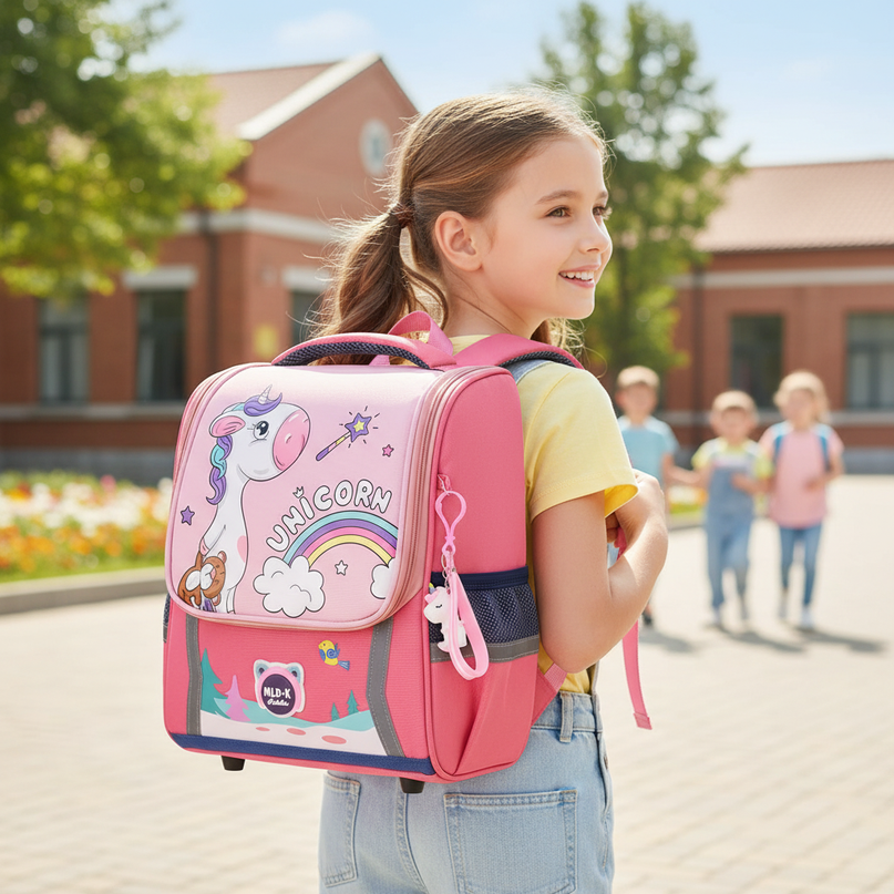 watermelon red unicorn backpack large - in-use