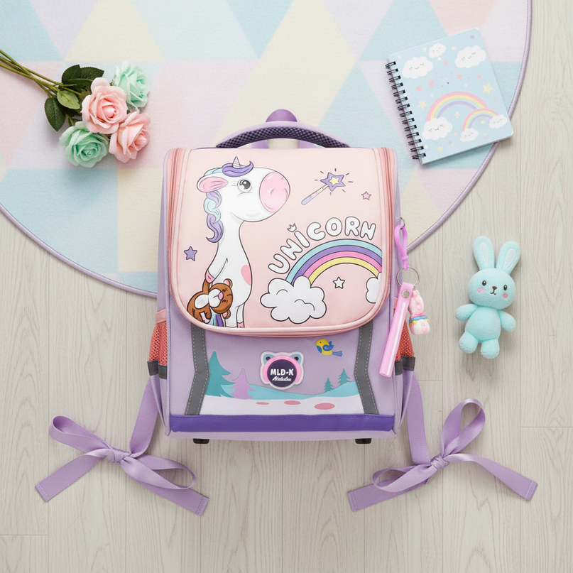 waterproof unicorn school backpack purple - flat-lay