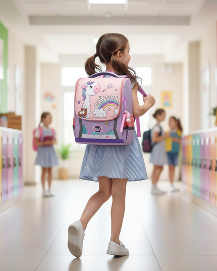 waterproof unicorn school backpack purple - in-use