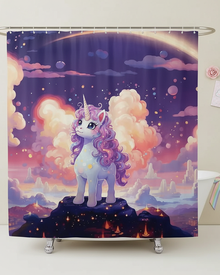waterproof unicorn shower curtain - flat-lay