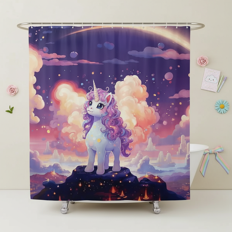 waterproof unicorn shower curtain - flat-lay