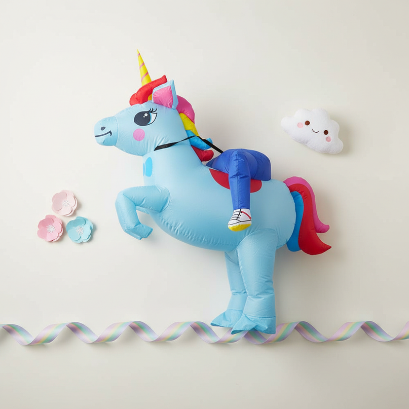 whimsical kids unicorn inflatable costume - flat-lay