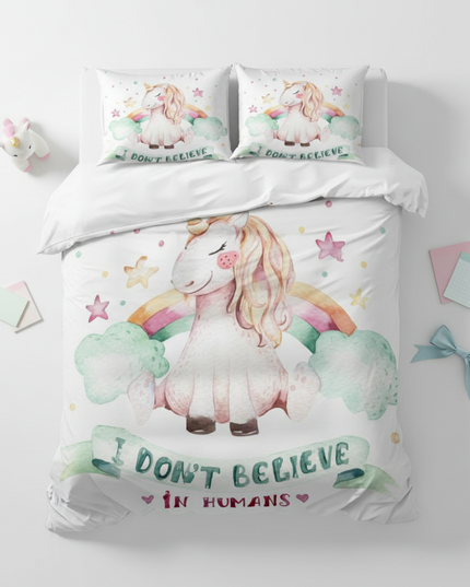 whimsical unicorn bedding - flat-lay