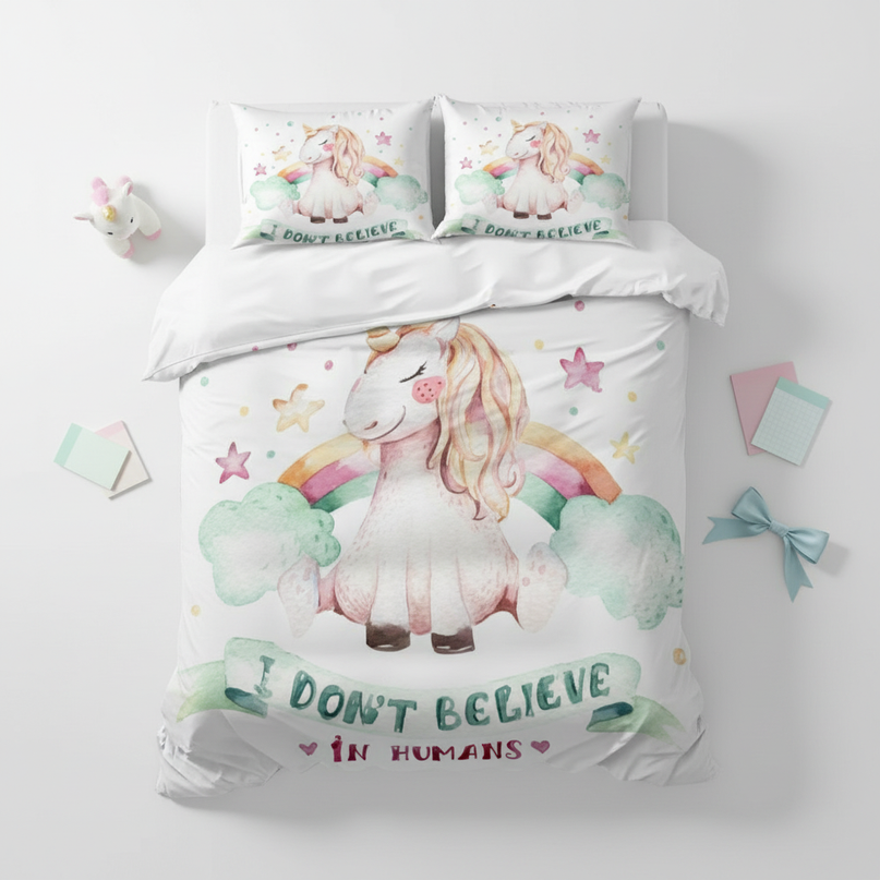 whimsical unicorn bedding - flat-lay