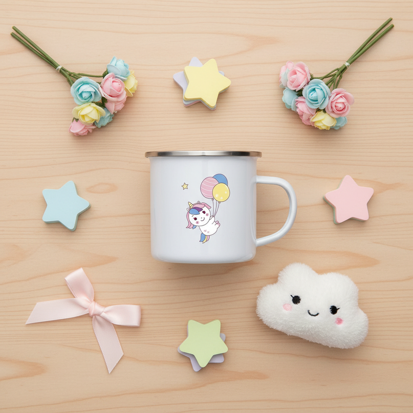 whimsical unicorn mug - flat-lay