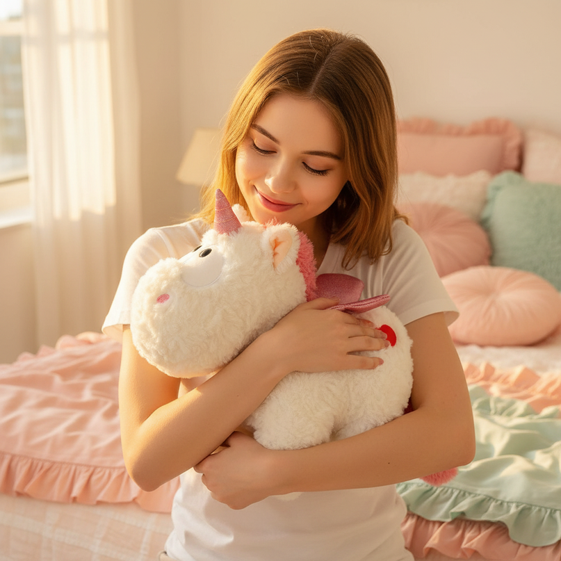 white 30cm winged unicorn plush - in-use