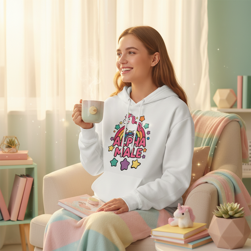 white alpha male hoodie - in-use
