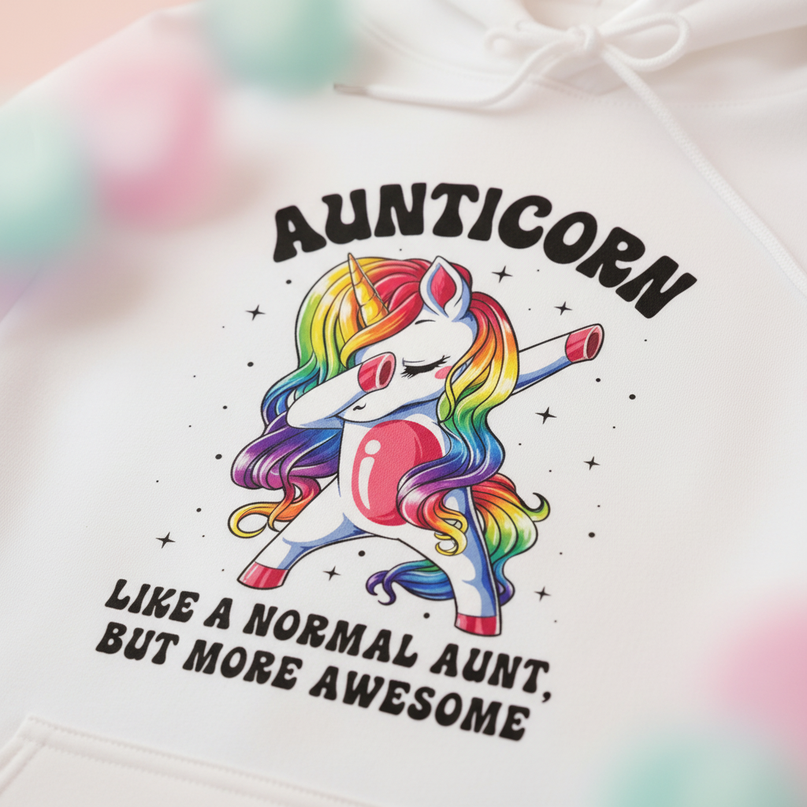 white aunt unicorn hoodie - detail