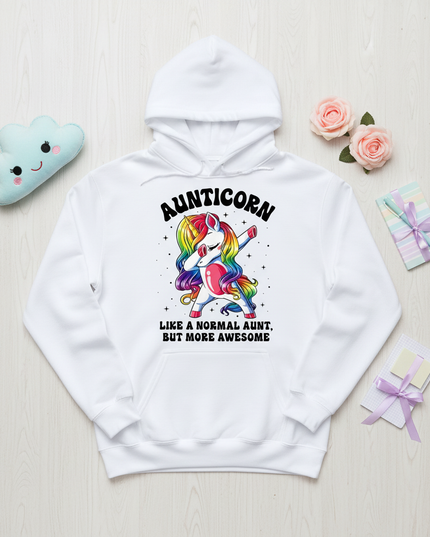 white aunt unicorn hoodie - flat-lay