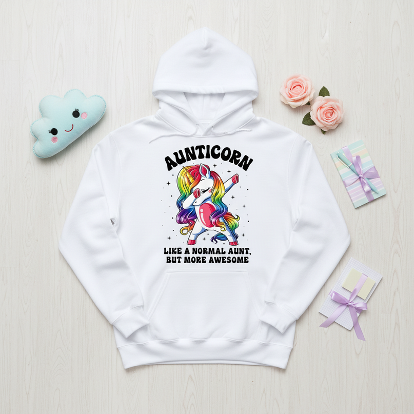 white aunt unicorn hoodie - flat-lay
