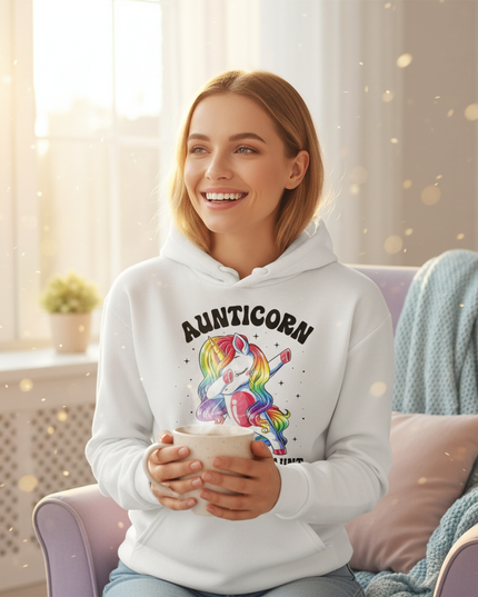 white aunt unicorn hoodie - in-use