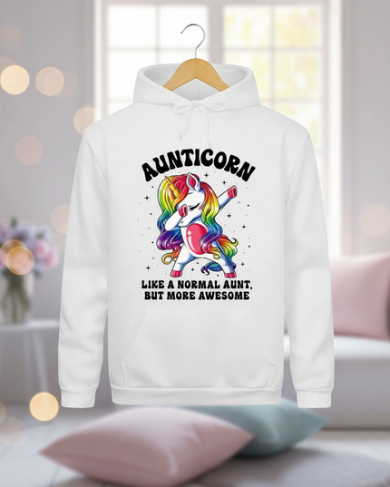 white aunt unicorn hoodie - lifestyle