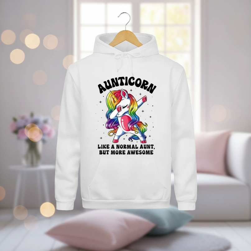 white aunt unicorn hoodie - lifestyle