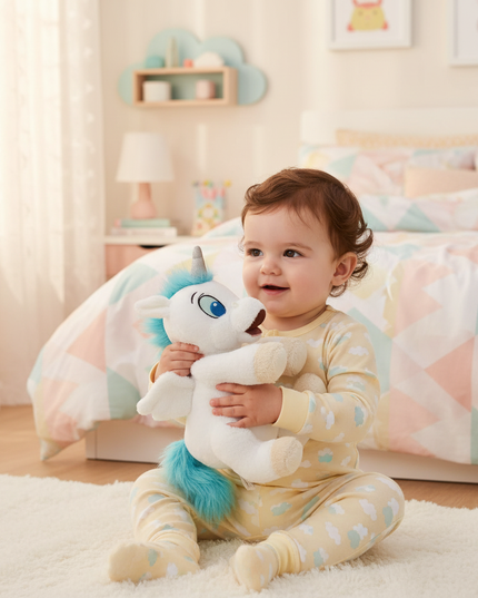 white baby winged unicorn plush - in-use